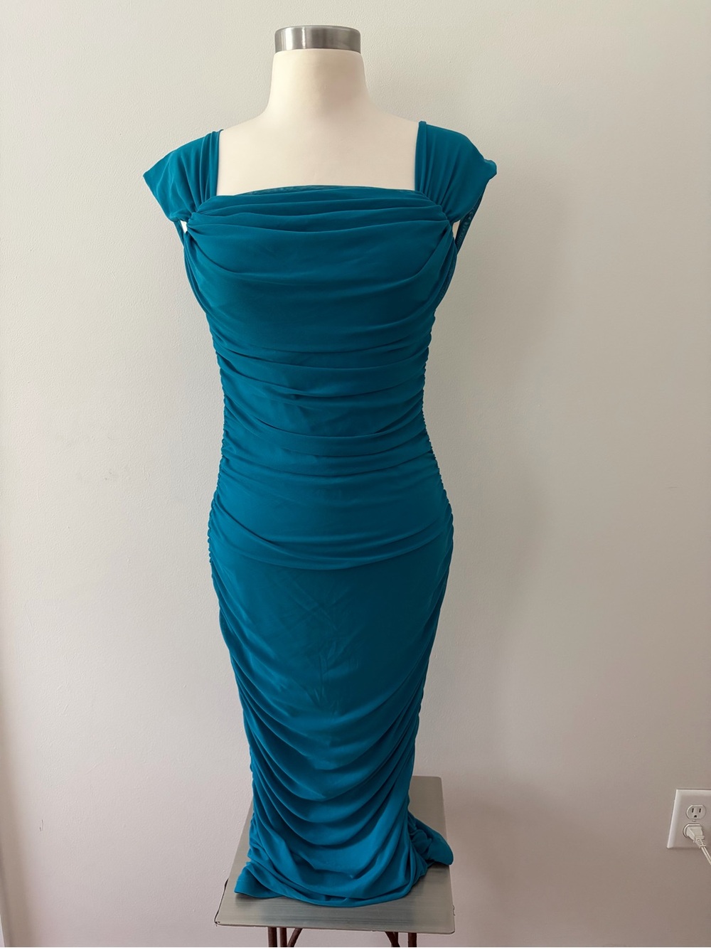 NWT Pretty Garden Teal Ruched Midi Dress Sheer Draped Sleeves S Bodycon Goddess